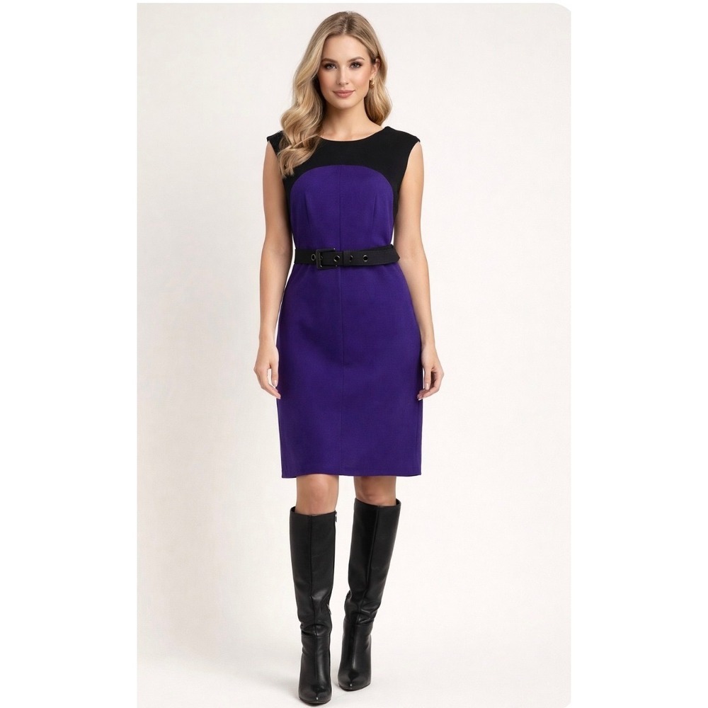 Designer Milly of New York Purple Black Colorblock Belted Sheath Dress 2 retro